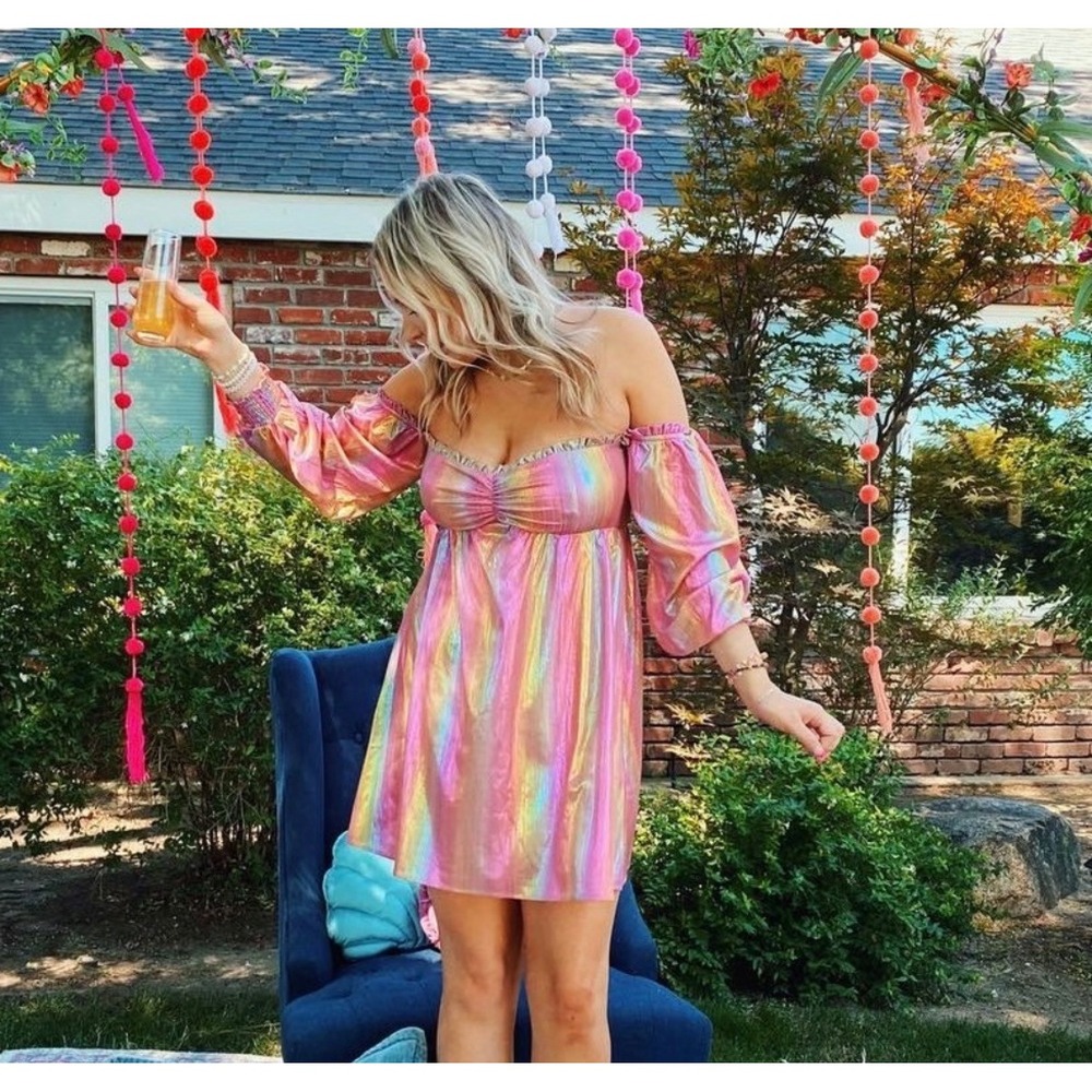 Show Me Your Mumu Mini‎ Dress Womens S Pink Iridescent Metallic Smocked